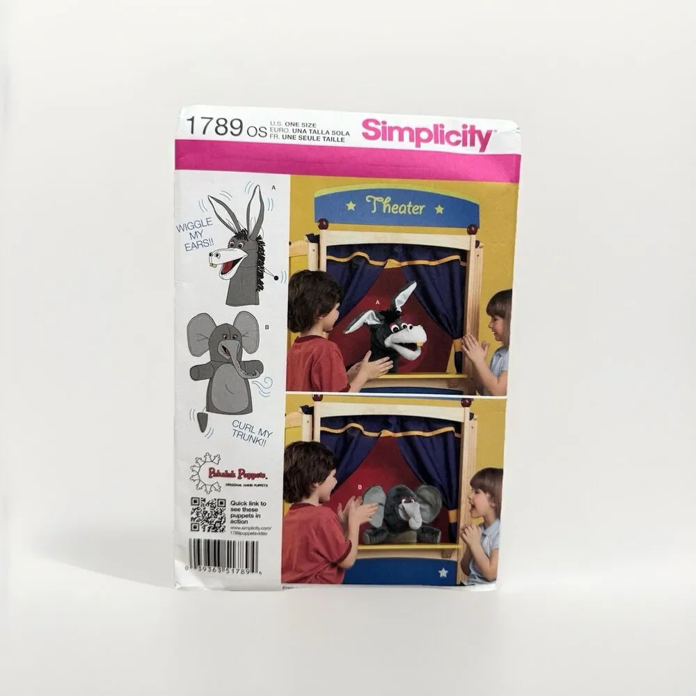 Simplicity 1789 Sewing Pattern Crafts Pakaluk Hand Puppets Elephant Donkey